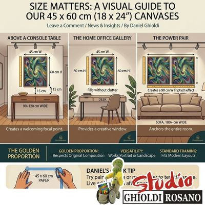 A visual scale guide for a 45 x 60 cm (18 x 24 inch) Ghioldi Rosano canvas placed above a console table and a desk to show proper proportions.
