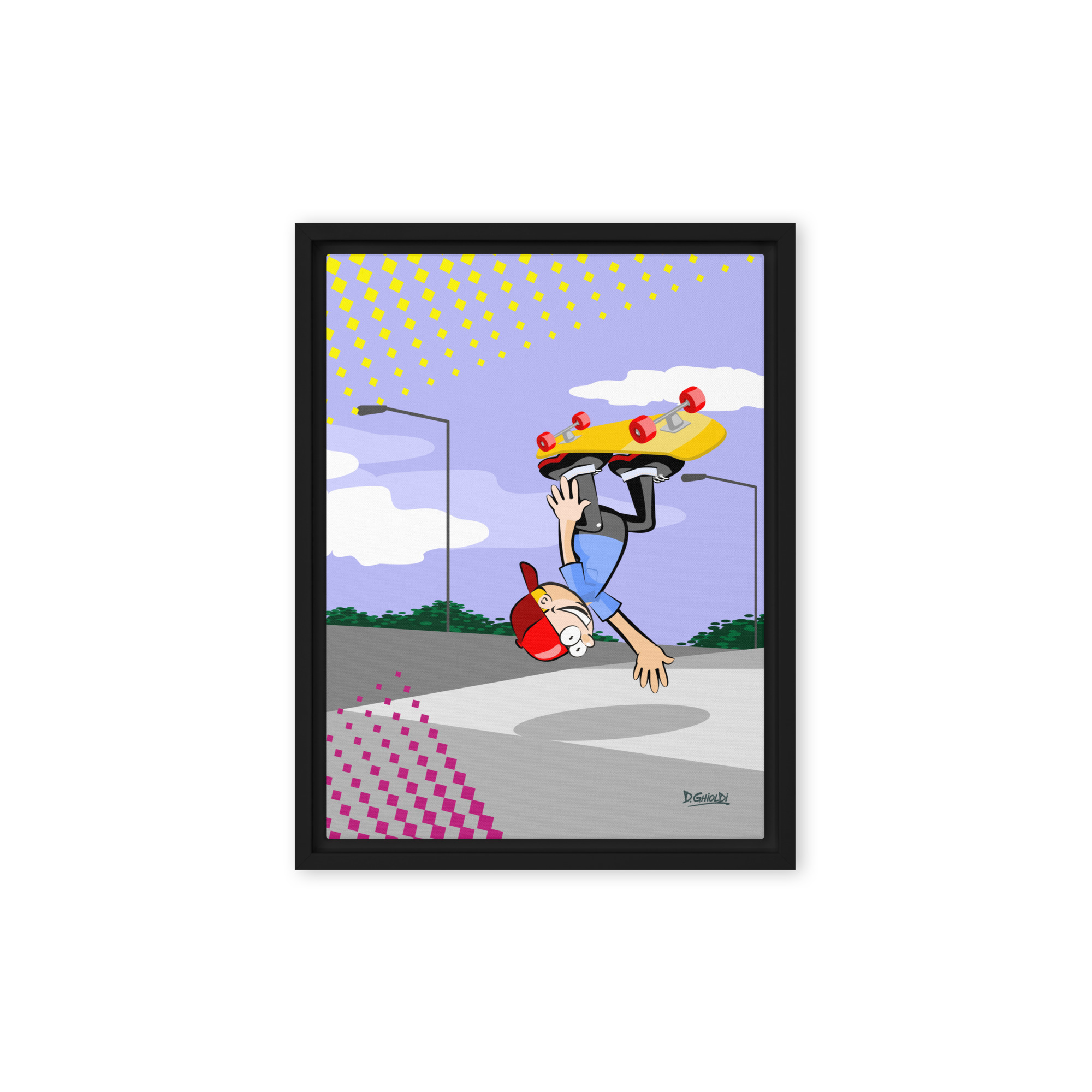 Skater Handstand Trick Character. Urban pop art illustration of a character performing a handstand on a skateboard with yellow halftone background from the Los Monitos collection.