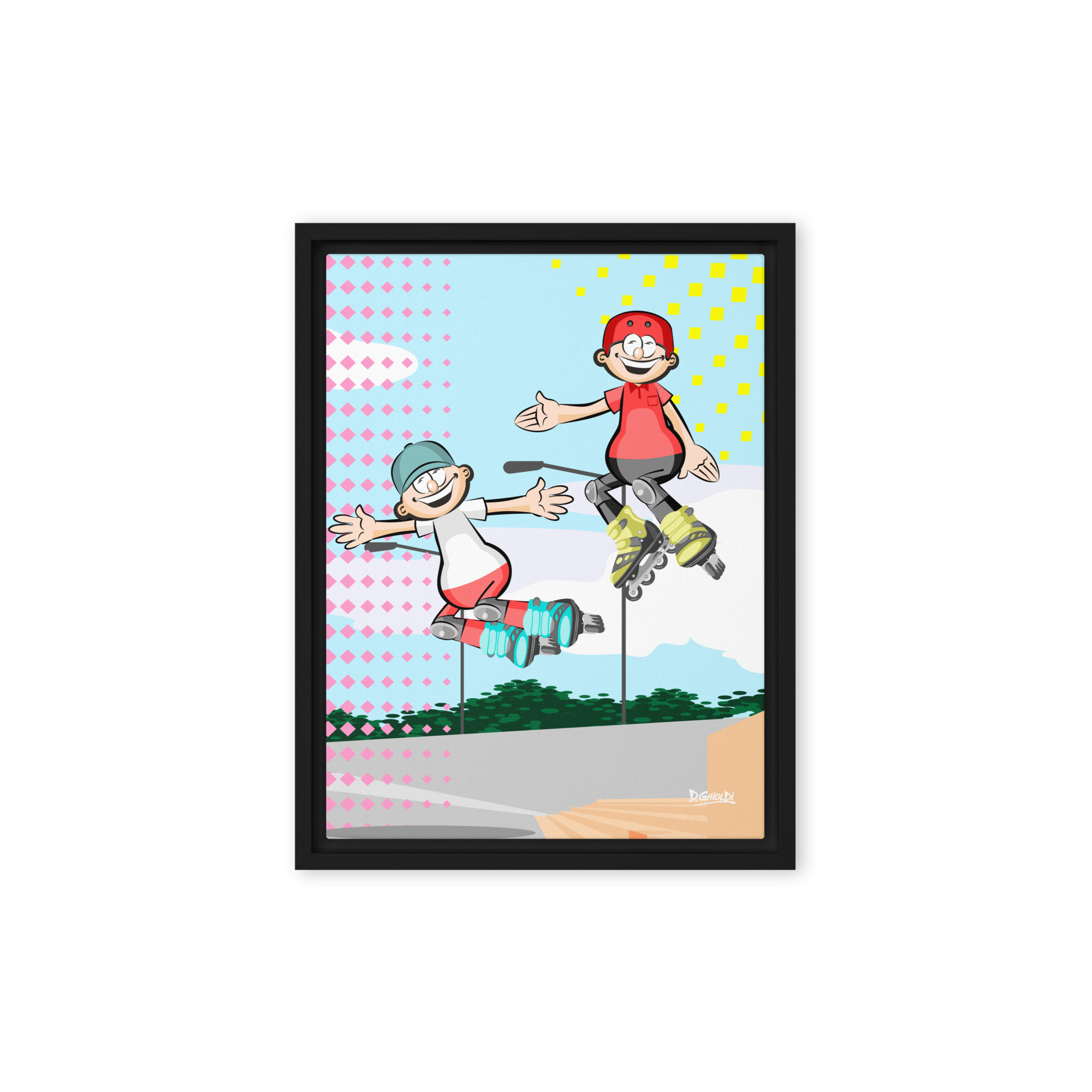 Rollerblading Duo Urban Art High Jump - 'Los Monitos' Collection - Framed canvas - Image 2