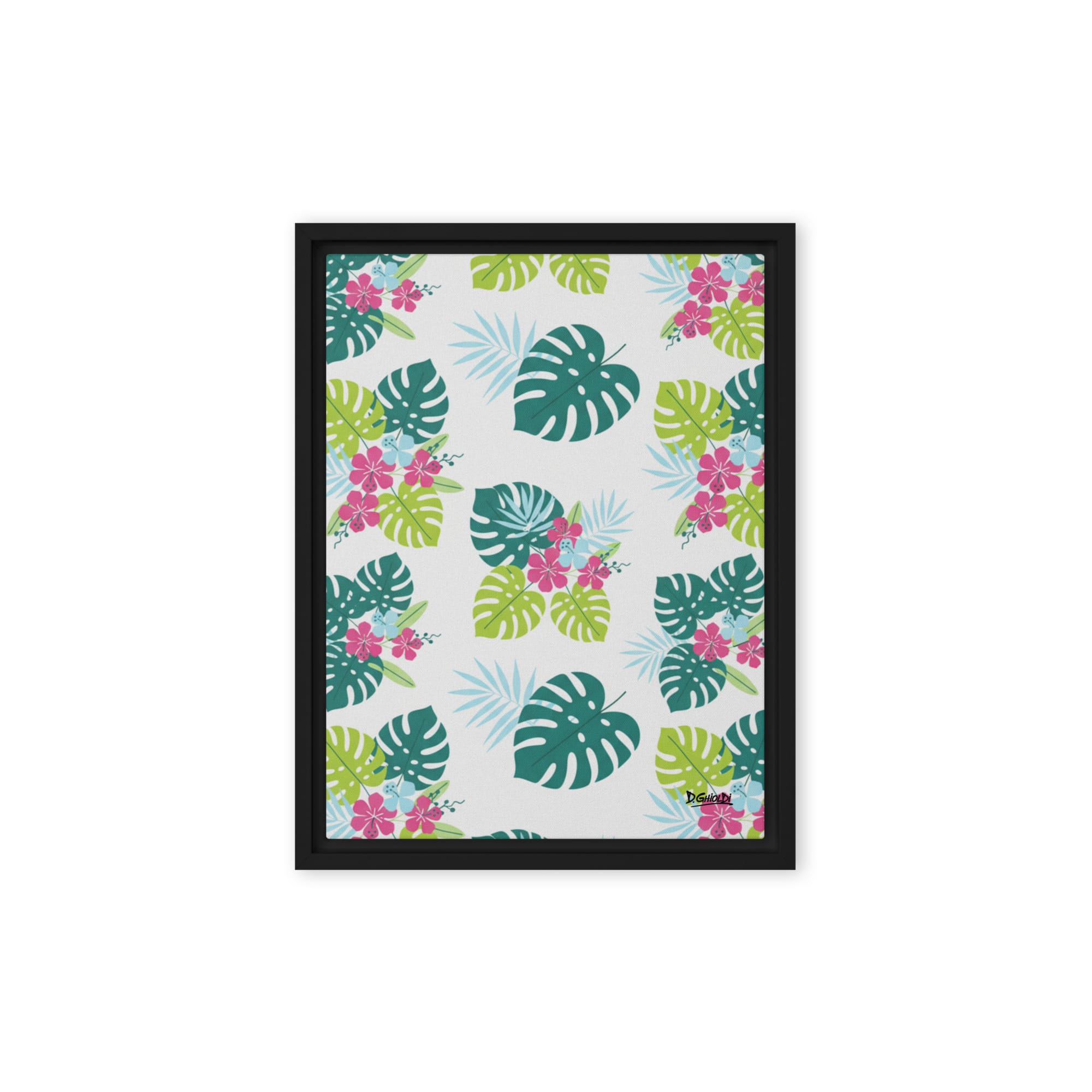 Pink Hibiscus Teal Monstera - Vibrant Floral - Ghioldi Rosano Framed canvas - Image 2