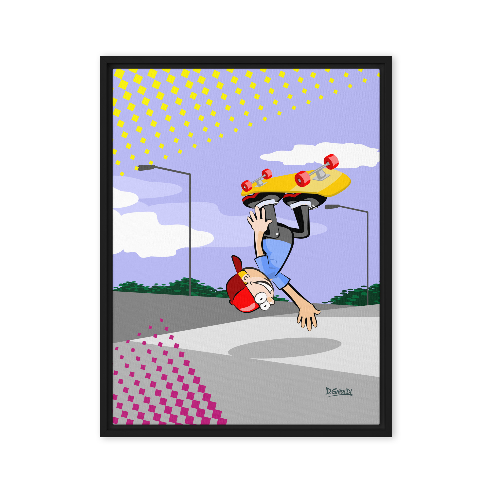 Skater Handstand Trick Character. Urban pop art illustration of a character performing a handstand on a skateboard with yellow halftone background from the Los Monitos collection.
