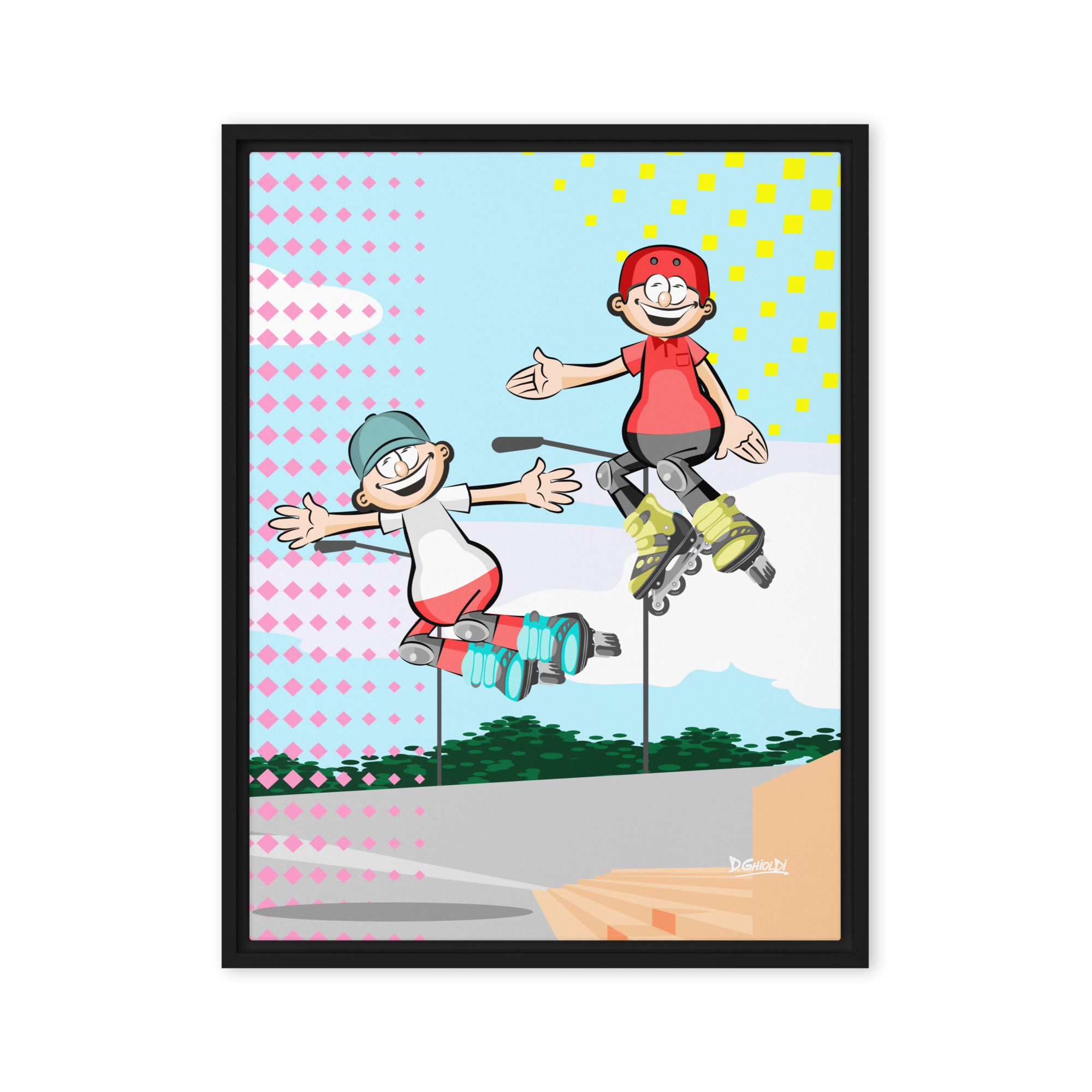 Rollerblading Duo Urban Art High Jump - 'Los Monitos' Collection - Framed canvas - Image 3