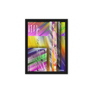 Abstract digital painting with layered rectangular blocks featuring colorful diagonal stripes. Shadows behind the blocks create a 3D effect, complemented by vertical white swirls and black textured dots against a blue and yellow background.