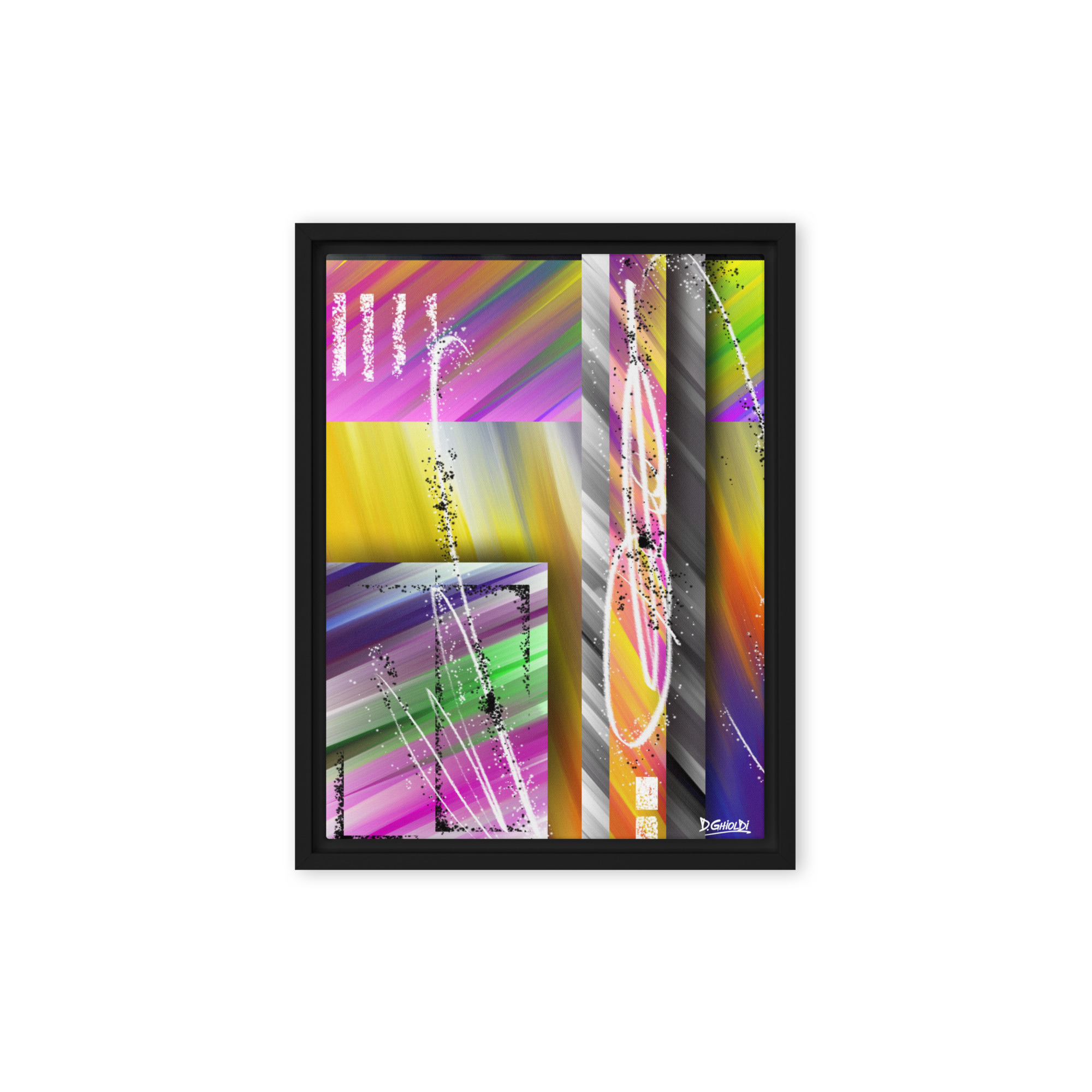 Abstract digital painting with layered rectangular blocks featuring colorful diagonal stripes. Shadows behind the blocks create a 3D effect, complemented by vertical white swirls and black textured dots against a blue and yellow background.