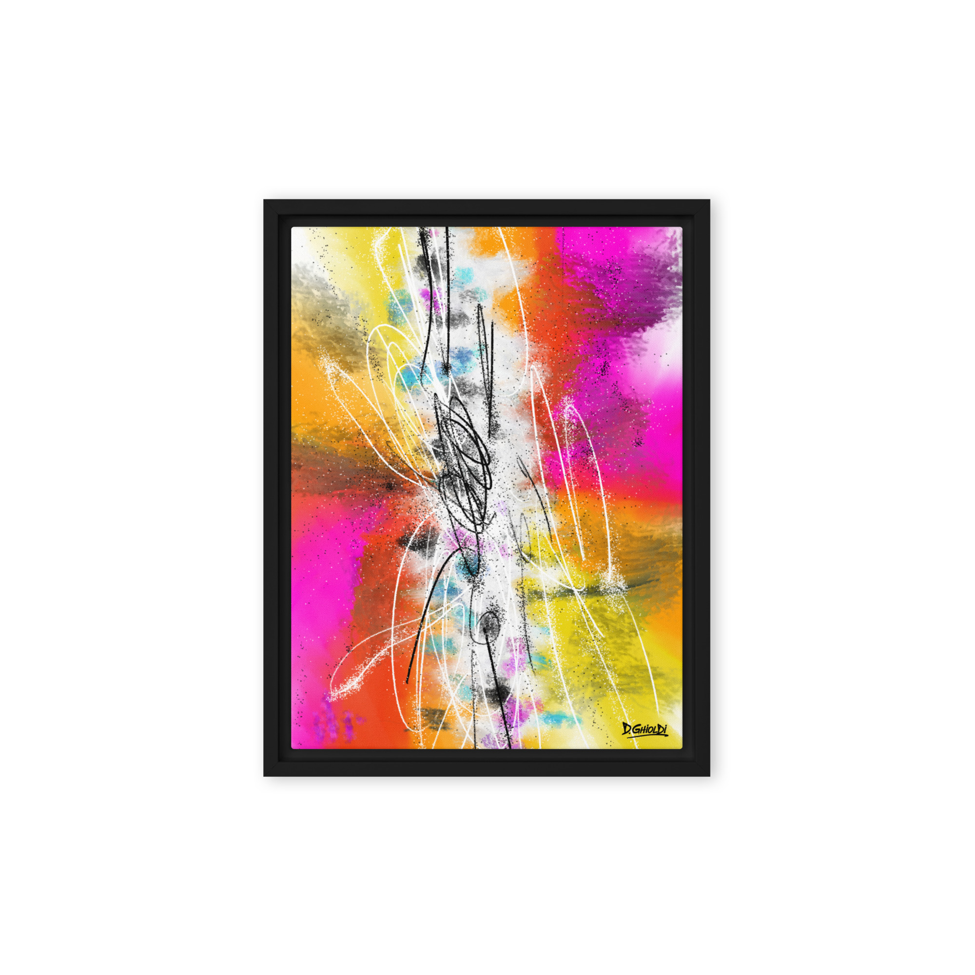 Abstract digital painting The Genesis of Color with a vibrant explosion of pink, orange, and yellow on a white background by Ghioldi Rosano.