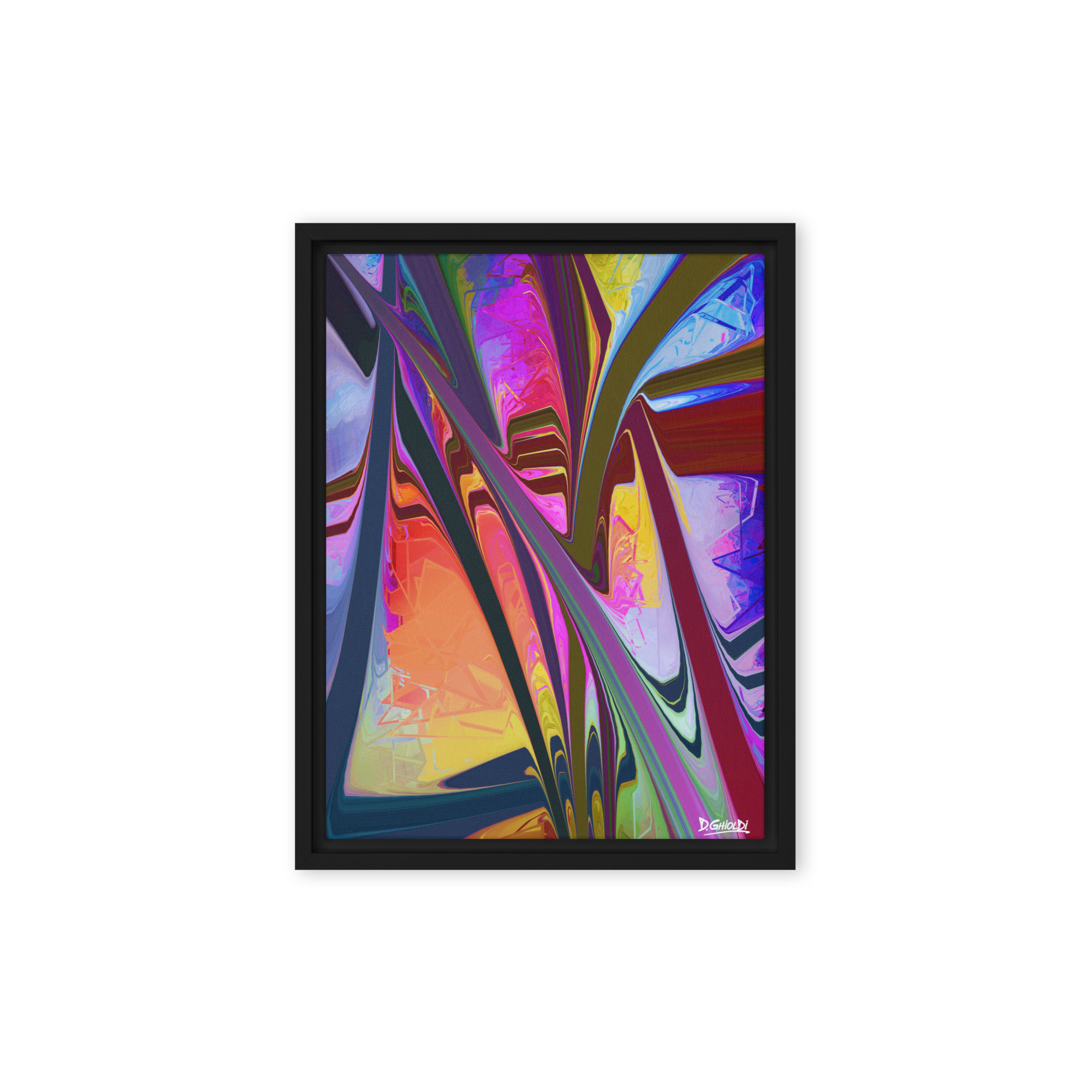 Abstract digital painting Hyperspace Pathways showing a cosmic tunnel with glowing blue and purple light rays by Ghioldi Rosano.