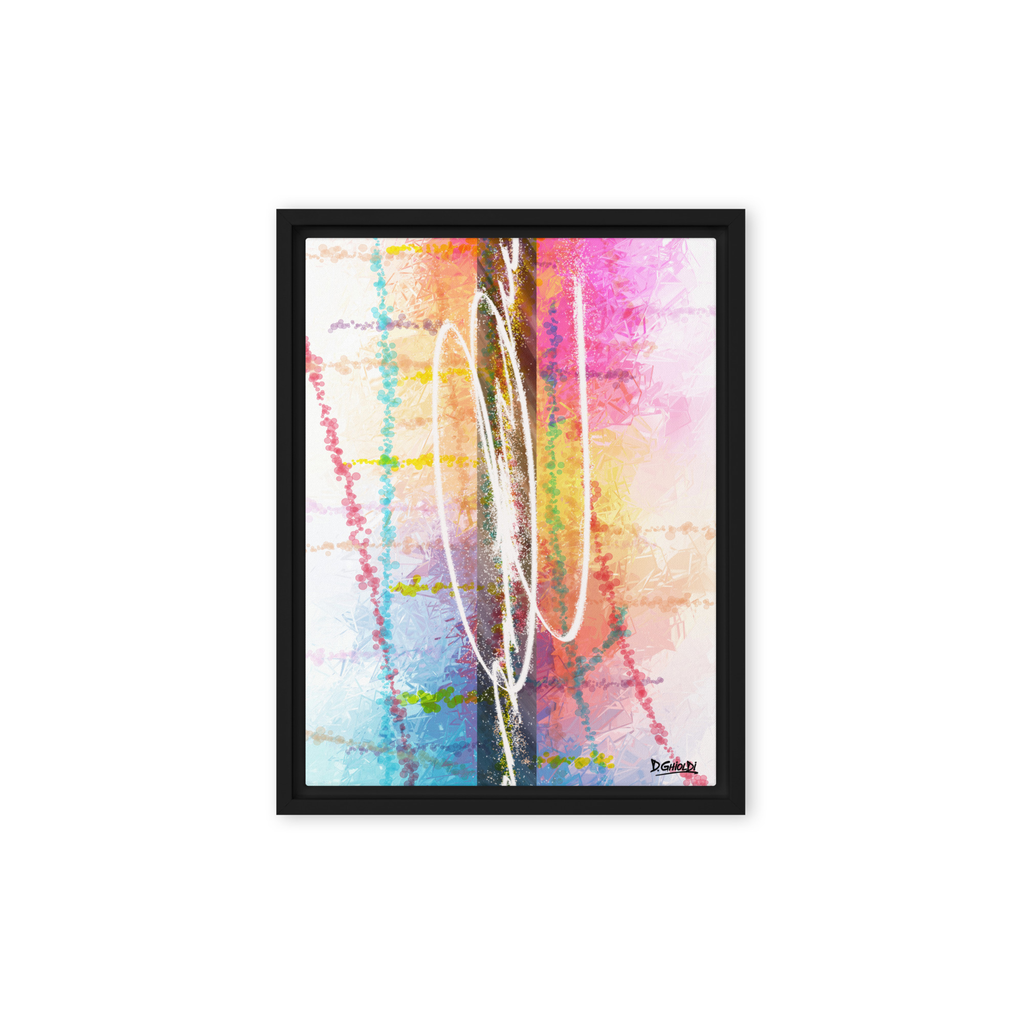 Abstract digital painting Vernal Radiance with soft pink, blue, and yellow watercolor textures and a central white paint pour by Ghioldi Rosano.