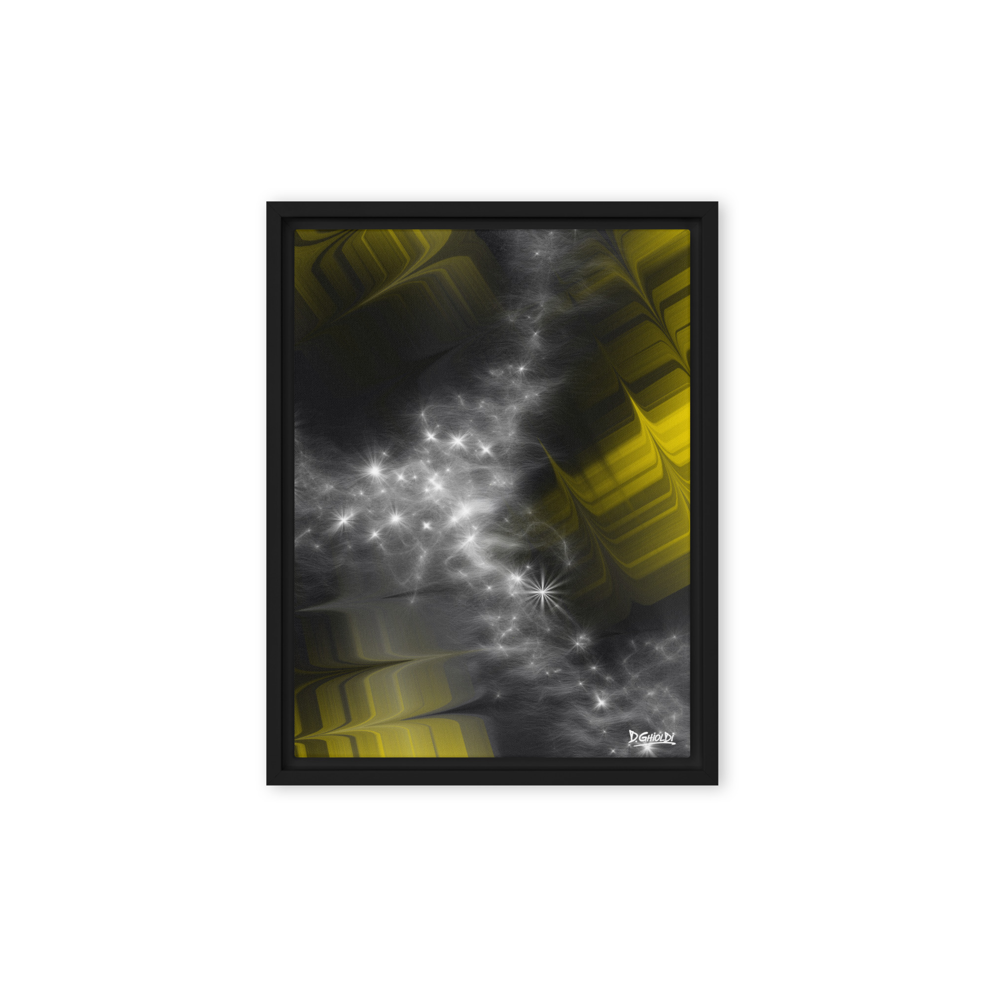 Abstract digital painting Stellar Fracture featuring sharp translucent yellow geometric bands and a central trail of glowing stars by Ghioldi Rosano.