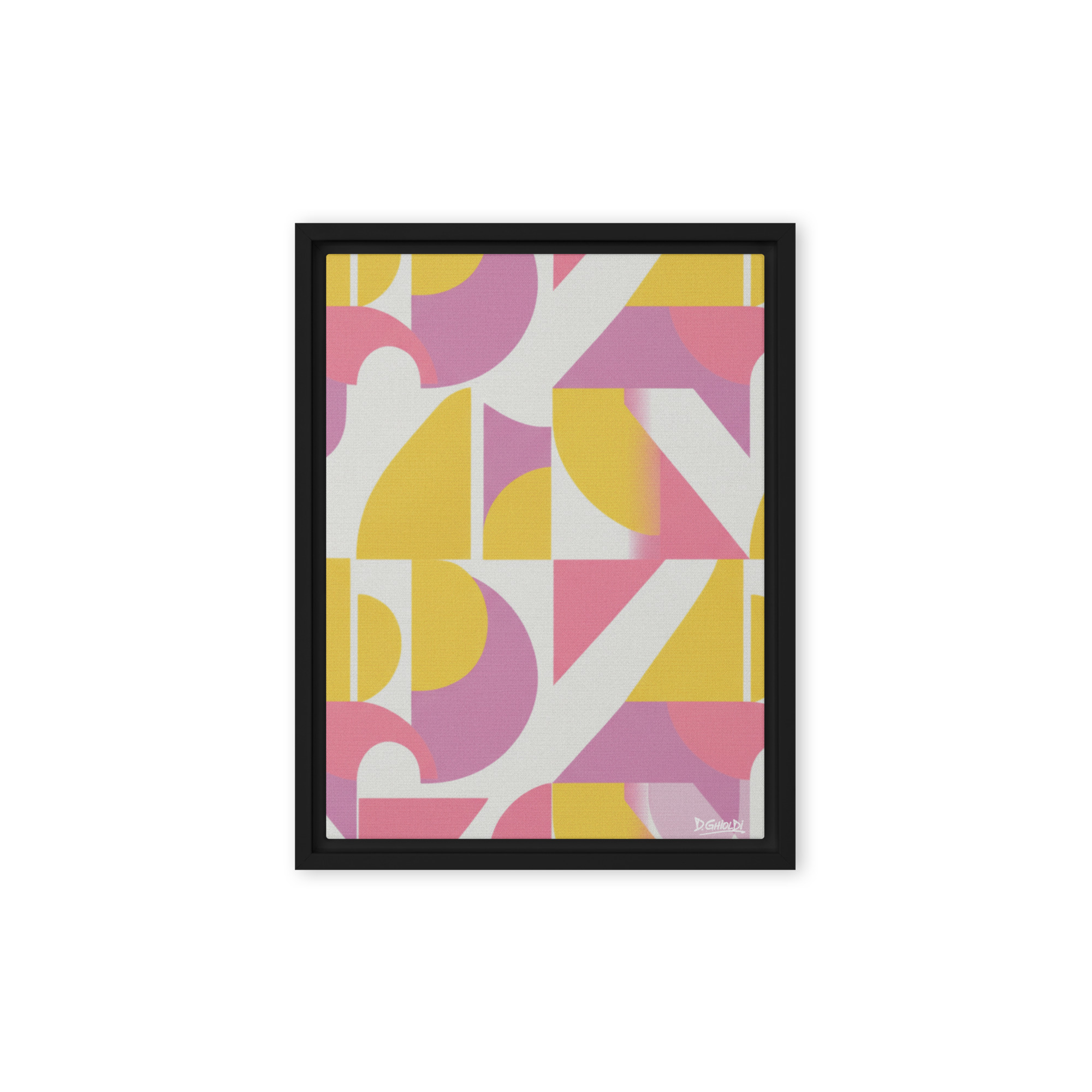 Abstract geometric pattern Vibrant Curvature with fuchsia and yellow color blocks and a vintage grainy texture by Rapoort Textile at Studio Ghioldi Rosano.