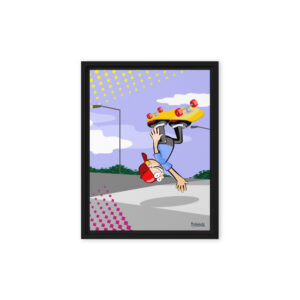 Skater Handstand Trick Character. Urban pop art illustration of a character performing a handstand on a skateboard with yellow halftone background from the Los Monitos collection.