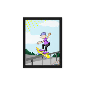 Urban pop art illustration of a character performing a rail slide on a skateboard with halftone cloud effects from 'Los Monitos' collection.