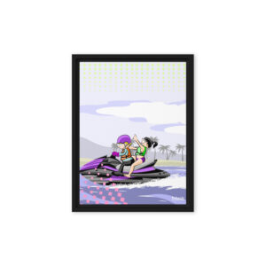 Jet Ski Adventure, Urban pop art illustration of two characters on a purple jet ski with palm trees in the background from the Los Monitos collection by D. Ghioldi