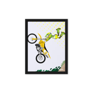 Urban pop art illustration of a motocross rider performing a Superman jump on a yellow bike from the Los Monitos collection by D. Ghioldi