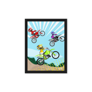 The Motocross Race Triple Jump. Urban pop art illustration of three motocross riders performing jumps on a dirt track from the Los Monitos collection by D. Ghioldi.