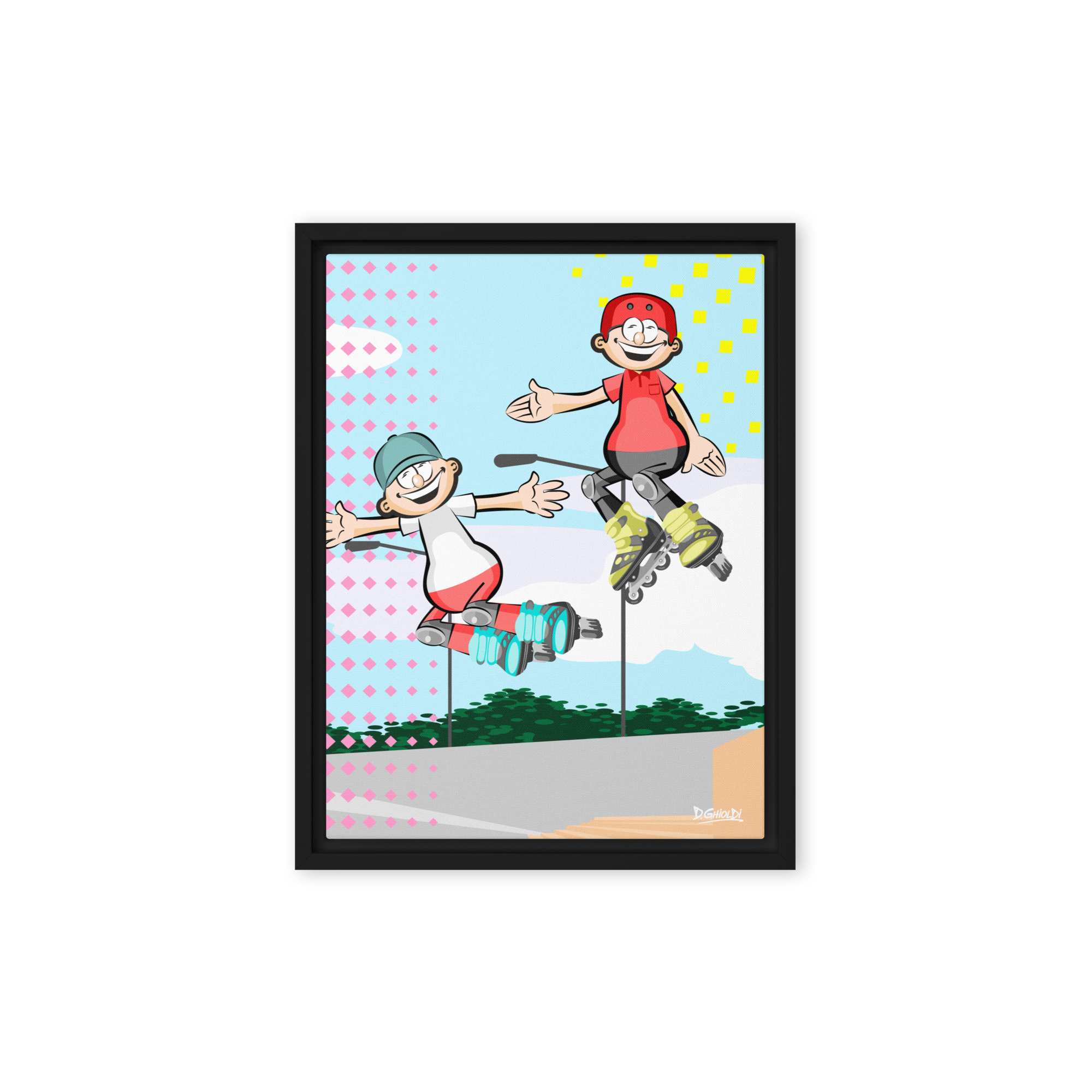 Urban pop art illustration of two characters jumping on rollerblades with a vibrant halftone background from Los Monitos collection by D. Ghioldi.