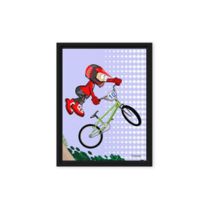 Urban pop art illustration of a single BMX rider performing a jump on a dirt track from the Los Monitos collection by D. Ghioldi.