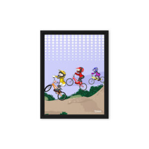 Urban pop art illustration of three characters on BMX bikes racing on a dirt track from the Los Monitos collection by D. Ghioldi.