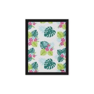 Vibrant botanical pattern with pink hibiscus and teal monstera leaves, framed canvas wall art by Ghioldi Rosano.