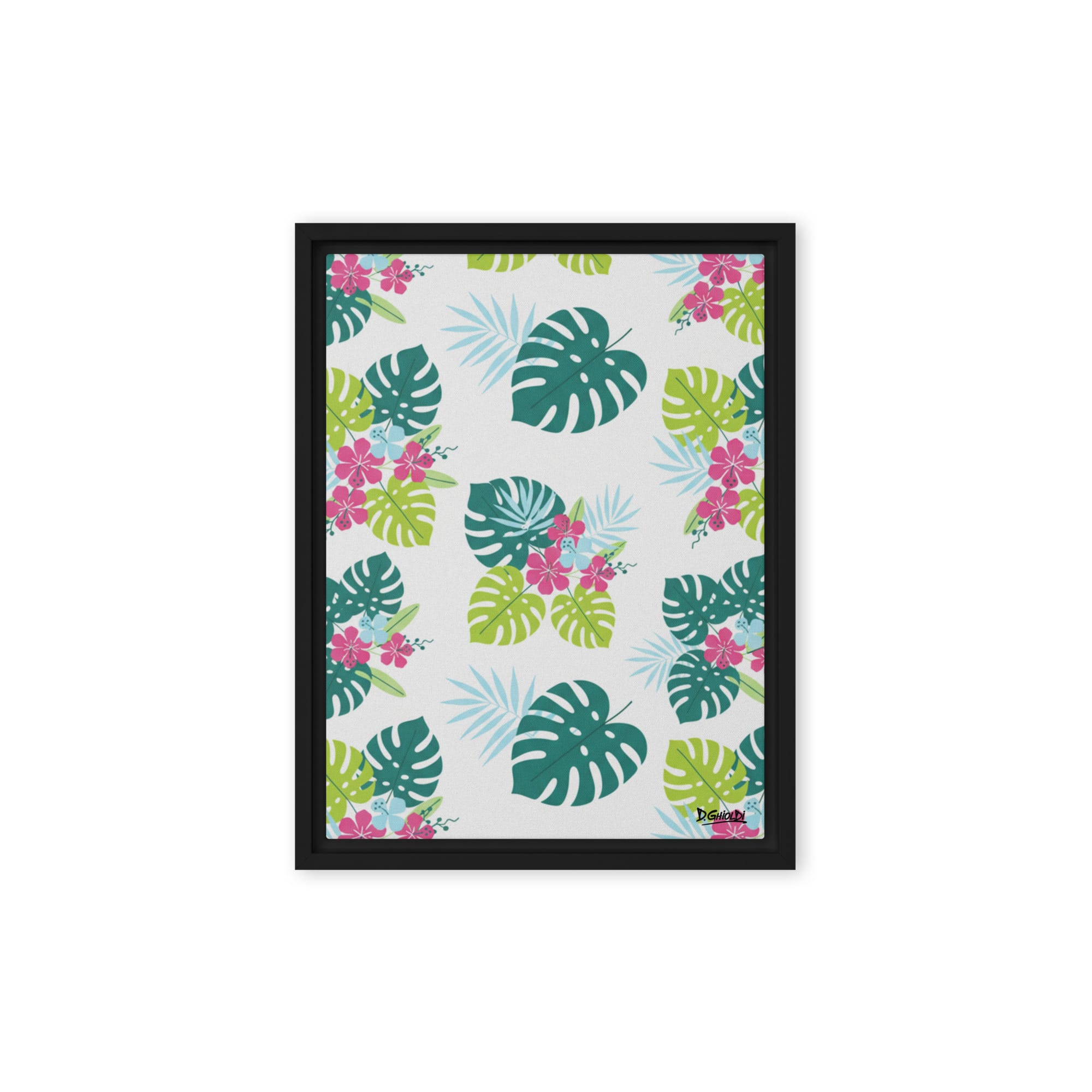 Vibrant botanical pattern with pink hibiscus and teal monstera leaves, framed canvas wall art by Ghioldi Rosano.