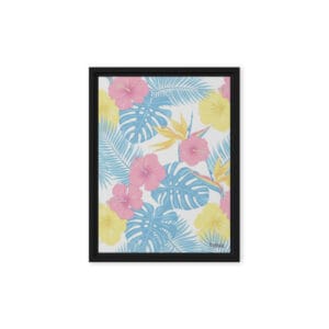 Soft pastel tropical pattern with blue monstera leaves and pink hibiscus, framed canvas art by Ghioldi Rosano.