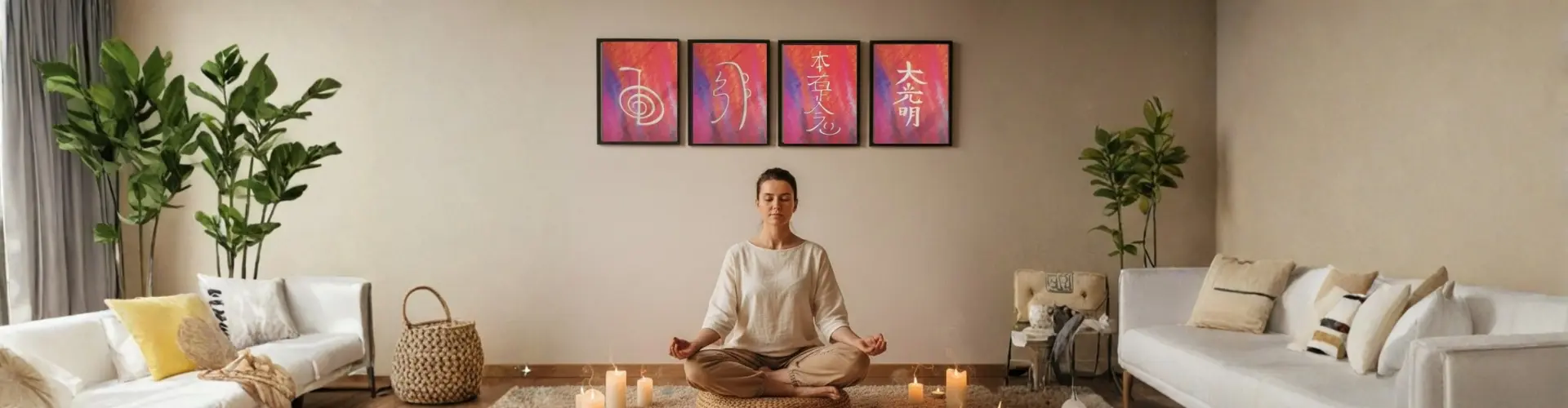 Collection of four framed Reiki art pieces featuring a meditating woman surrounded by candles, spiritual decor by Studio Ghioldi Rosano.