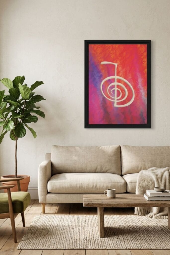 Modern Reiki Cho Ku Rei symbol framed canvas in a minimalist living room setting by Studio Ghioldi Rosano.