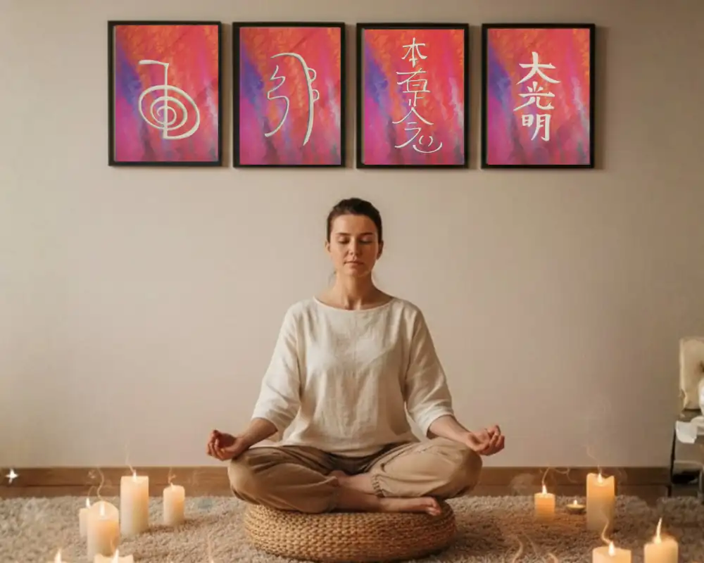 Collection of four framed Reiki art pieces featuring a meditating woman surrounded by candles, spiritual decor by Studio Ghioldi Rosano.